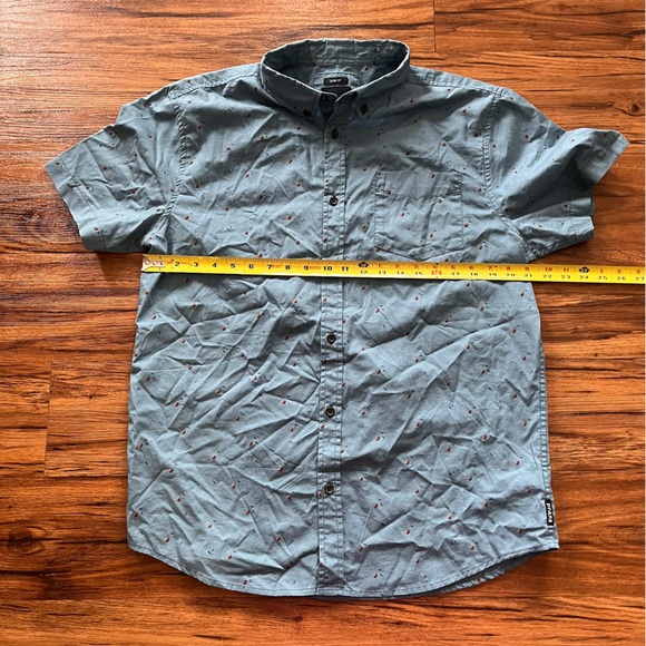 PrAna Mens Size Large Short Sleeve Button Up Shirt Cherry Print Light Blue - Picture 8 of 8